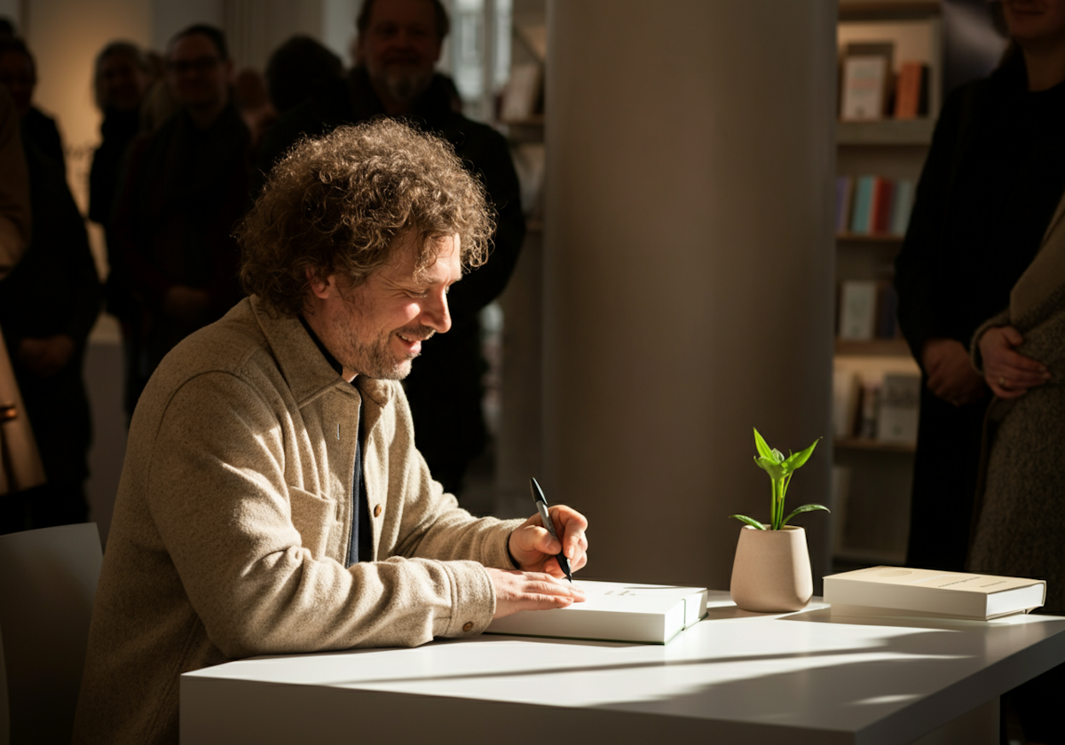 Author writing at desk